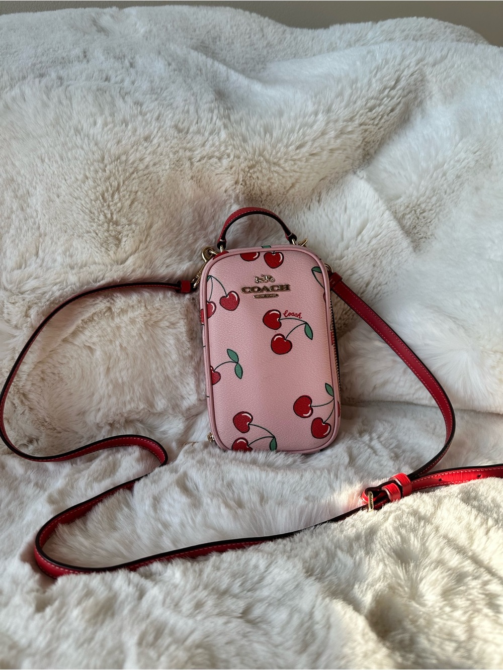 Coach Pink Cherry Crossbody Phone Pouch with Red Strap